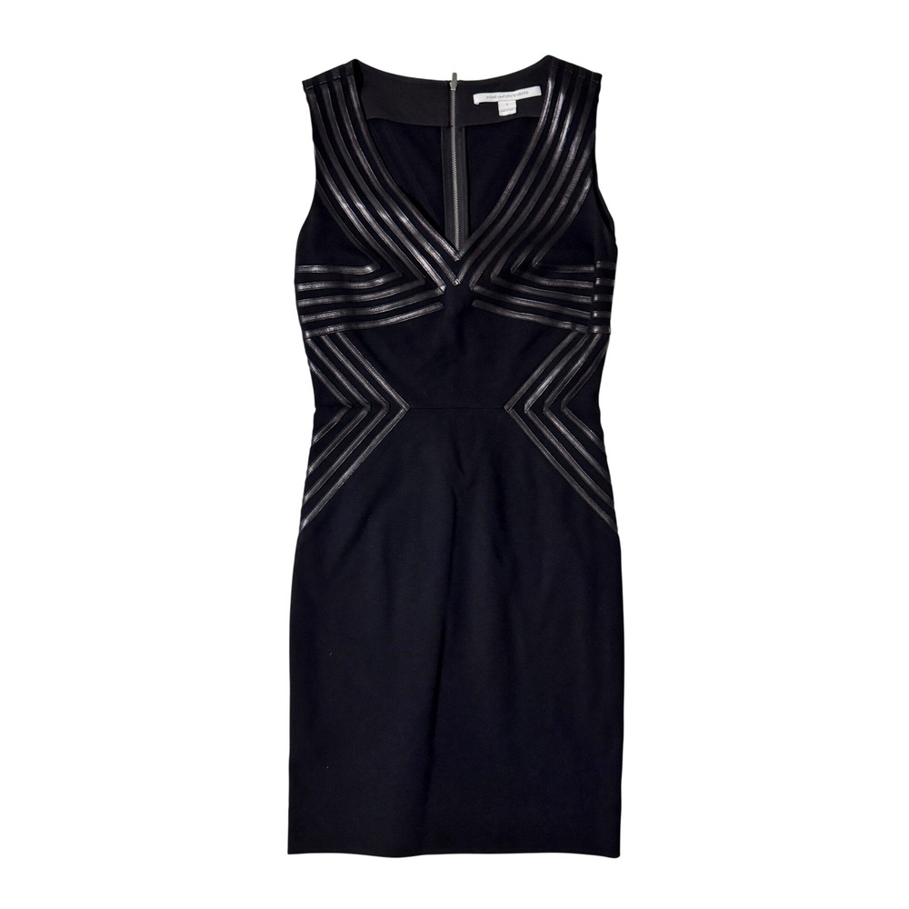 Diane von Furstenberg Glenda Dress 2 Black Sheath Leather Geometric Trim V-Neck